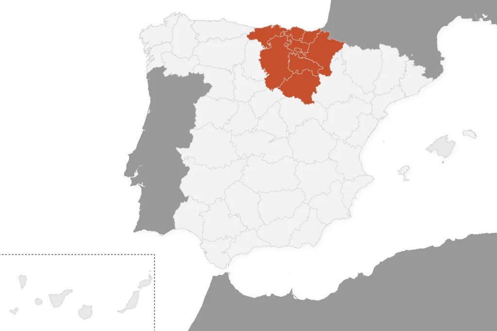 Mapa de zonas de instalación de puertas Overlap Norte: Navarra, Álava, La Rioja, Bizkaia, Gipuzkoa, Burgos, Soria, Cantabria